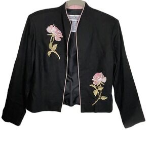 Jessica Howard Linen Blend Rose Embroidered Crop Jacket Size 6 Black Pink Floral